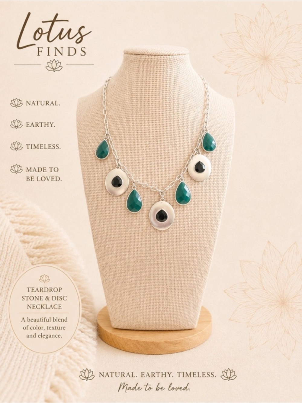 Pre-Loved Green Teardrop Silver-Tone Statement Necklace – 9”
